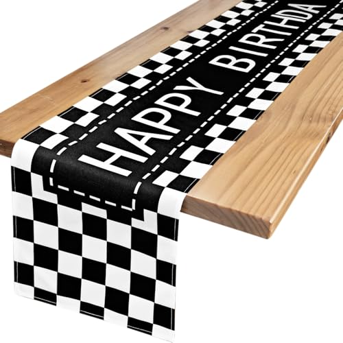 Letjolt Happy Birthday Table Runner Black Checkerboard 72 Inches - color: Black White Check, size: 12x72 Inches