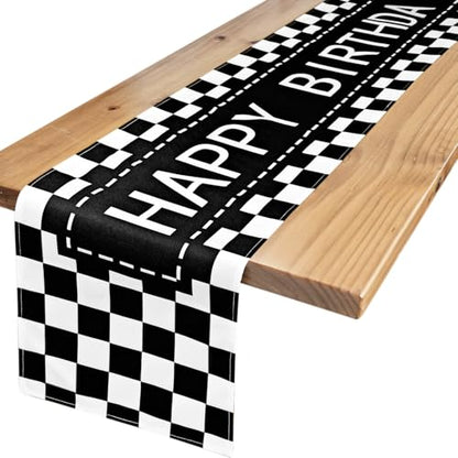 Letjolt Happy Birthday Table Runner Black Checkerboard 72 Inches - color: Black White Check, size: 12x72 Inches