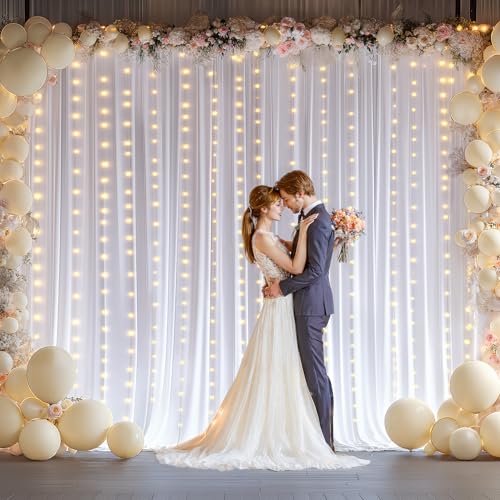 10 x 10ft White Backdrop Curtains with Lights String for Party - color: White, size: W5' x H10'(2 panels)