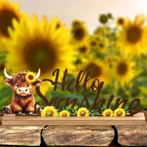 MiniInflat Sunflower Highland Cow Table Decor Hello Sunshine Metal Sign - style: Hello Sunshine