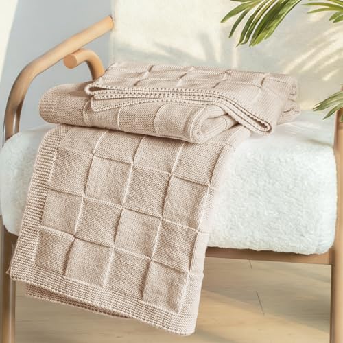 Whale Flotilla Checkered Knit Throw Blanket for Couch, Camel - color: Camel, size: 60x80 Inch