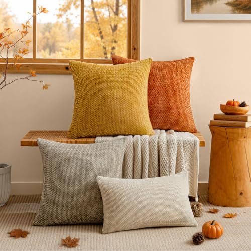 a moment Fall Mustard Yellow Chenille Throw Pillow Covers 22x22 Inch Pack of 2 Modern Decorative Throw Pillow Covers Farmhouse Cross Covers Home Decor for Sofa Bedroom Living Room - color: Mustard Yellow, size: 22" x 22" (Pack of 2)