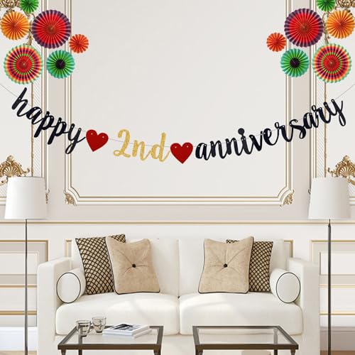 Happy 2nd Anniversary Party Banner, Black Glitter 2 Years Anniversary Garland, Wedding Banner Party Decorations (Pre-Strung)