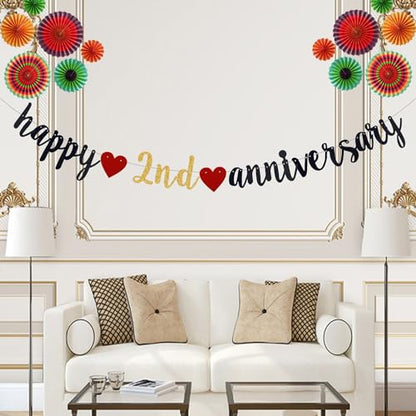 Happy 2nd Anniversary Party Banner, Black Glitter 2 Years Anniversary Garland, Wedding Banner Party Decorations (Pre-Strung)