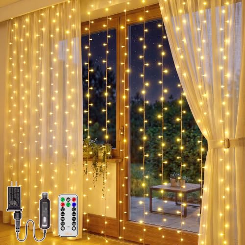 Ollny 200LED Curtain Lights 6.6ftx6.6ft, Warm White String Lights Plug in - color: Warm White, size: 200 LED