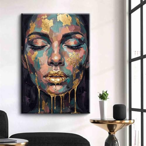Mostemauo Abstract Face Wall Art Female Portrait Canvas Blue Gold 16x24inch Framed - color: 4, size: 16x24inch framed