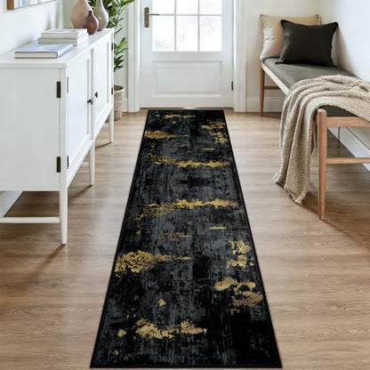 RELEANY Washable Runner 2'x9' Abstract Area Rug for Hallway Black Gold - color: Black/Gold, size: 2' x 9' (Runner)