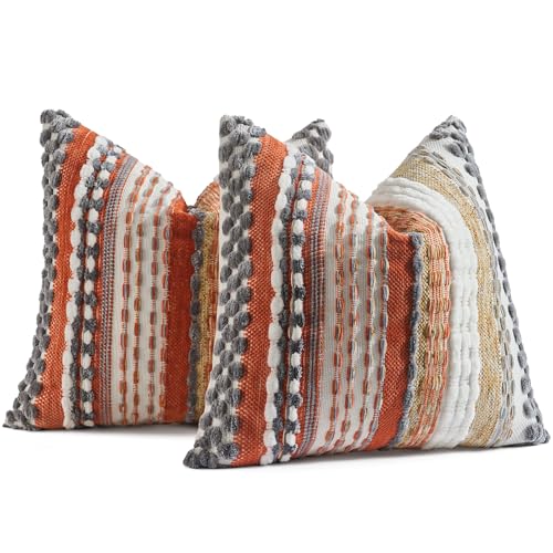 AmHoo Set of 2 Chenille Tufted Striped Textured Boho Throw Pillow Covers Aesthetic Woven Decorative Pillow Case for Couch Bed Sofa Bedroom Modern Funky 18 x 18-Inch Orange Grey - color: Orange Grey, size: 18" x 18" (Pack of 2)