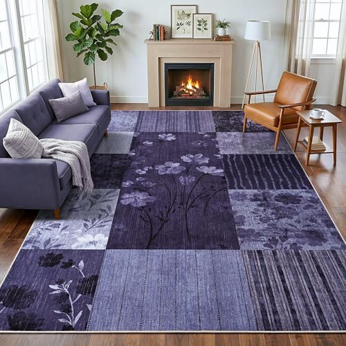 4'x6' Dark Purple Geometric Patchwork Floral Area Rug - color: Dark Purple, size: 4' x 6' (Rectangular)