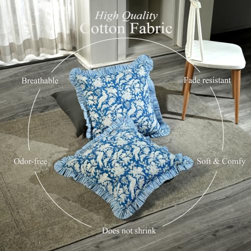 CPC Blue Sapphire Block Print Ruffle Pillow Cover 18x18 Inch, Pack of 2 - color: Blue Sapphire, size: 18" x 18" (Pack of 2)