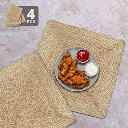 Revive Jute Placemats Set of 4-14 x 14 inch Square Natural Table Mats, Boho Heat Resistant Rustic Farmhouse Kitchen countertop & Wooden Dining Table