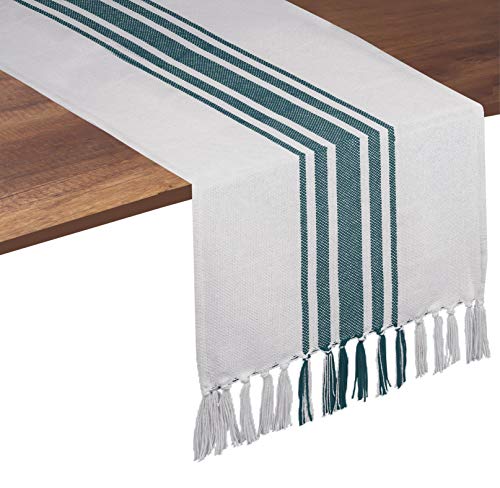 Native Fab Teal Table Runner 108 Inches Long - Boho Stripe Table Covers with Fringes - 100% Cotton, Tight Weave, Nonslip Tablerunner for Dining, Dresser, Wedding, Events - Teal Green (14x108 inches) - color: Green White, size: 14x108