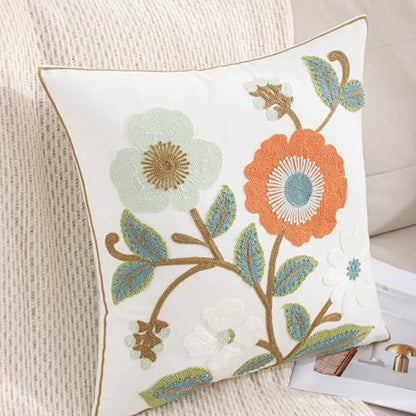 Embroidered Pillow Covers 18x18 inch Pack of 2 Green Orange Flower - color: Orange and Green Flowers