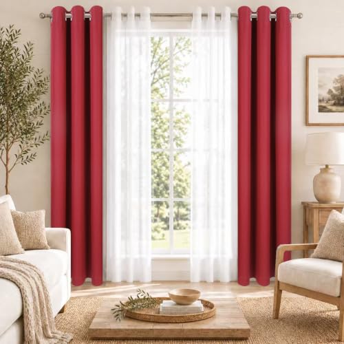 Layered Window Treatments Curtains for Bedroom, Living Room, 4 Panel Set - color: Burgundy, size: 37"W x 63"L (Pack of 4)