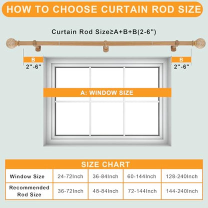 1-1/8 Inch Diameter Wood Curtain Rods for Windows 36 to 72 inch - Adjustable Seamless Aluminum Bracket - Heavy-Duty Boho Curtain Rods with Seaweed Finial - Light Wood Grain - color: Brown Wood Grain, size: 36-72"