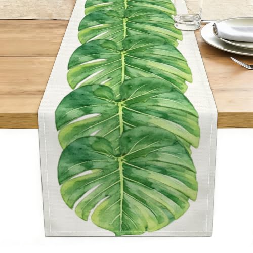 Palm Leaves Table Runners 13x72 Inch, Tropical Palm Leaves Table Runner - color: Watercolor Monstera