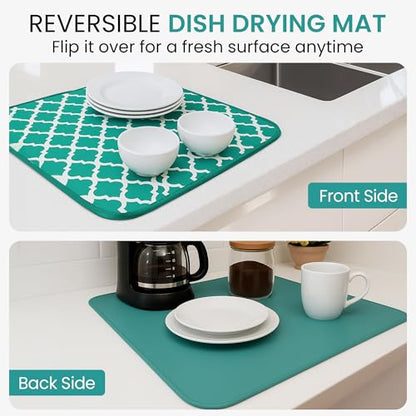 Dish Drying Mat for Kitchen Counter, Large 18 x 14 Absorbent Microfiber Pad - color: Teal Green Trellis