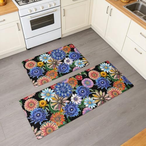 Feelyou Boho Floral Kitchen Rugs Sets 2PCS - color: Pink Green Yellow