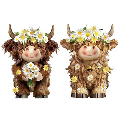 2 Pcs Highland Cow Figurines Decor, Daisy Flower Style - style: Daisy Flower
