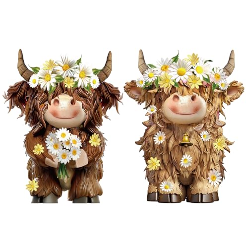 2 Pcs Highland Cow Figurines Decor, Daisy Flower Style - style: Daisy Flower