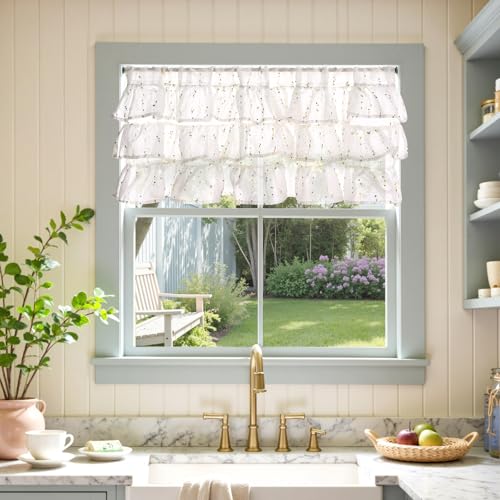 jinchan Mini Pom-Pom Ruffled Valance for Windows 18 Inch 1 Panel Green - color: Dottie Sunlit Grove