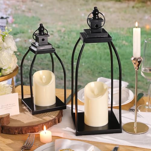 Decorative Candle Lanterns Set of 2, Black Metal for Indoor & Outdoor - size: 12+15in