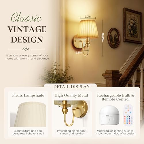 6000mAh Battery Operated Wall Sconces Set of 2, Gold, 10.6 Inch - color: Gold