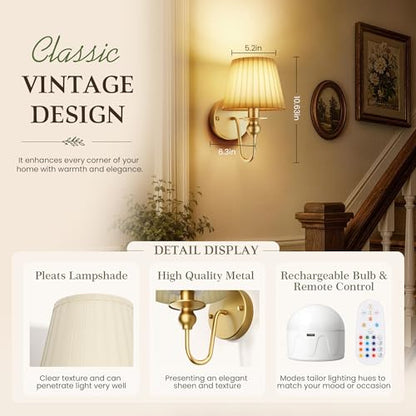 6000mAh Battery Operated Wall Sconces Set of 2, Gold, 10.6 Inch - color: Gold