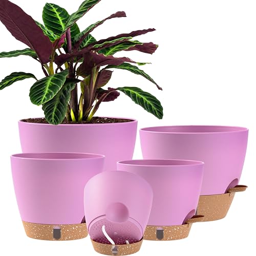 Self Watering Pots for Inoor Ourdoor Plants 10/9/8/7/6.5 Inch, 5 Pack - color: Pink, size: 10/9/8/7/6.5 Inch