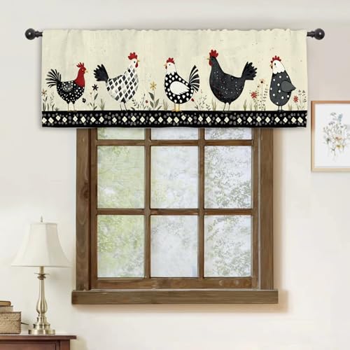 Miyotaa Rooster Chiken Kitchen Curtain Valance 54W x 18H Rod Pocket Farmhouse Rustic Rural Farm Country Window Treatment for Living Room Bedroom Bathroom - color: Cute Farm Rooster, size: 54"W x 18"L (Pack of 1)