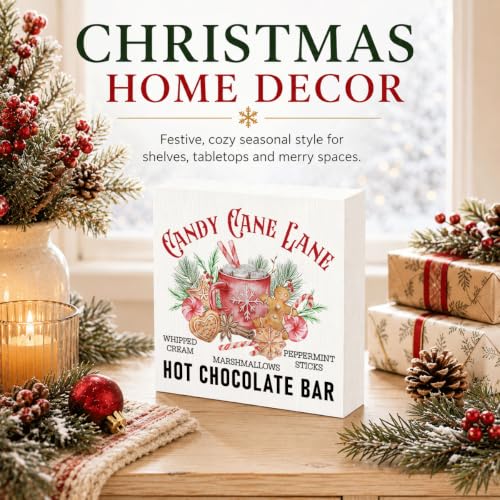 Candy Cane Lane Hot Chocolate Bar Sign, Christmas Kitchen Wood Box Decor - color: Style 19