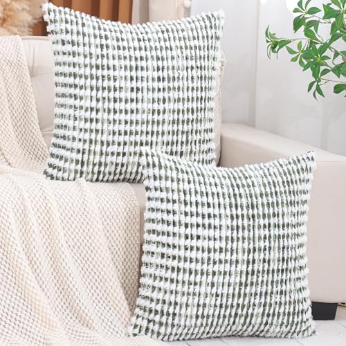 LUOYEHK Boho Throw Pillow Covers 22x22 Inch Set of 2 Chenille Tufted Pillowcase Farmhouse Neutral Cushion Covers for Couch Sofa Bed Living Room, Green White - color: Green White, size: 22" x 22" (Pack of 2)