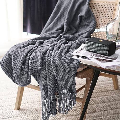 LOMAO Knitted Throw Blanket with Tassels Bubble Textured Soft Lightweight Throws for Couch Cover Home Decor (Dark Grey, 50x60) - color: Dark Grey, size: 50x60"