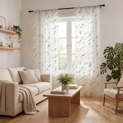 Horaldaily 2Pcs White Sheer Curtains 52x63in, Silver Sequin Marble - color: White and Sliver, size: 52"W x 63"L (Pack of 2)