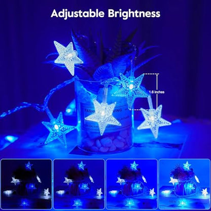 Star String Lights Plug in - 33 ft 100 LED Star Fairy String Lights with Remote and Timer, 8 Modes Waterproof for Bedroom Tent Loft Bed Window Backyard Patio Porch Balcony Staircase Party, Blue - color: Star - Blue - 33 FT
