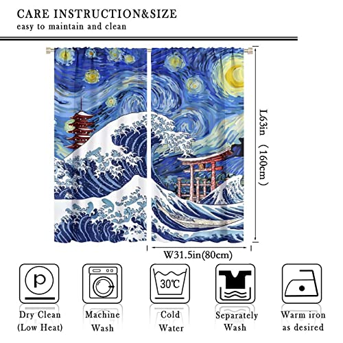 Japanese Asian Art Blackout Curtains for Bedroom,Blue Anime Ocean The Great Waves Fantasy Starry Sky Torii Window Treatments Rod Pocket 2 Panels 63L x 31.5W - color: Japanese Asian Art, size: 31.5"W x 63"L (Pack of 2)