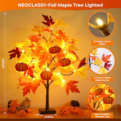 Fall Décor 2 Pack 24 Inch Fall Maple Tree with 48 LEDs Battery Operated Fall Lights with 8 PCS Pumpkin Wooden Hanging Ornaments Artificial Tree for Fall Thanksgiving Home Table Decorations