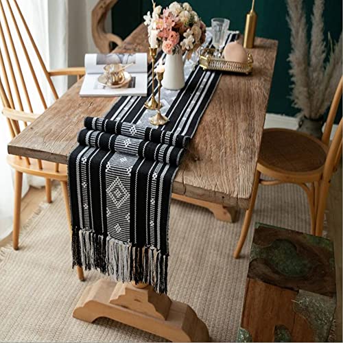 Boho Table Runner with Tassel, Farmhouse Table Runner 71 Inches Long for Dining Table Decor, Wedding, Party and Dresser Decor, Black and White - size: 13.5''x71''13.5*90‘’