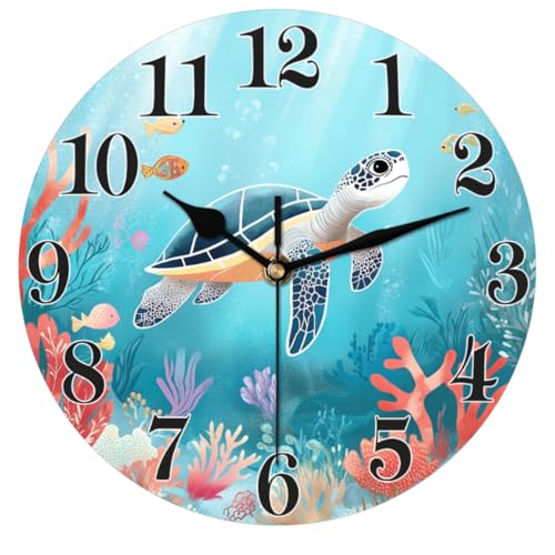 Cute Ocean Sea Turtle Wall Clock Battery Operated 10 in Round Wall Clocks Slilent Non Ticking Quartz Analog Clock for Bedroom Kids Living Room Classroom Decor - color: Cute Ocean Sea Turtle