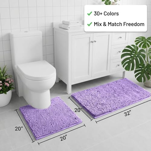 Bathroom Rugs Sets 2 Piece,Super Absorbent Chenille Bath Mats and U-Shaped Toilet Rug,Strong PVC Non Slip Backing,Microfiber Washable Dry Quickly Bath Mats for Bathroom(20"x32"+20"x20"U,Lavender) - color: Lavender