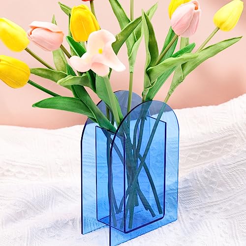Blue Acrylic Vase Arched for Modern Aesthetic Room Decor,Plastic Decorative Vase for Bedroom,Living Room Table - Light Blue Acrylic Vase Decorative Centerpiece for Home or Wedding Office - color: B