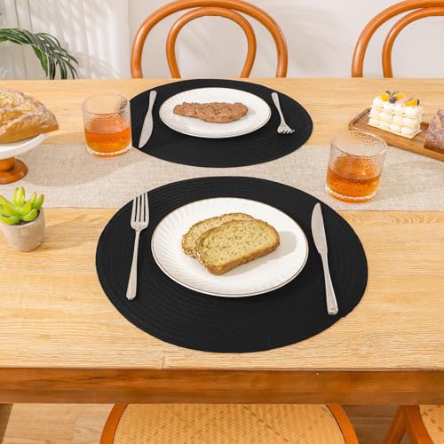 SHACOS Round Braided Placemats Set of 8 Washable Cotton Polyester Woven Round Table Mats for Dining Tables 15 inch (Black, 8) - color: Black, size: Set of 8