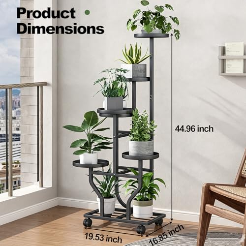 Plant Stand with Wheels, Black 6 Tier Metal Plant Shelf for Indoor Outdoor - color: Black, size: 6 Tier