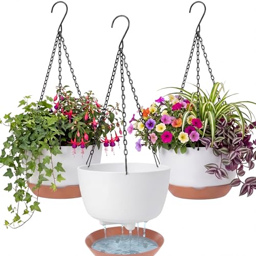 3 Pcs 8'' Hanging Planters for Plants Indoor Outdoor, Plastic Self Watering Pot with Drainage Holes Removable Tray, Hanging Baskets Flower Pot for Home Balcony Terrace Decoration (White)