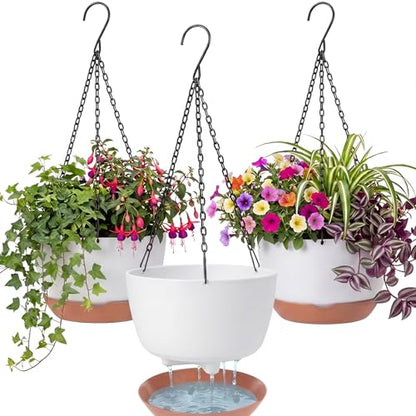 3 Pcs 8'' Hanging Planters for Plants Indoor Outdoor, Plastic Self Watering Pot with Drainage Holes Removable Tray, Hanging Baskets Flower Pot for Home Balcony Terrace Decoration (White)