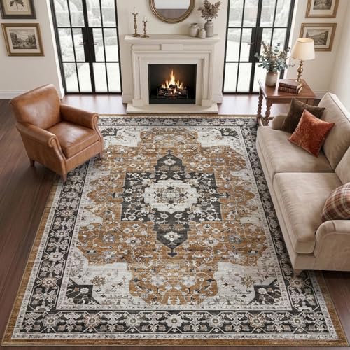 DEXI 5x8 Vintage Area Rugs for Living Room, Washable Rug for Bedroom, Brown - color: Brown, size: 5' x 8' (Rectangular)