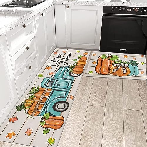 Pauwer Fall Kitchen Rugs Set of 2, Pumpkin Truck Anti Fatigue Kitchen Mat - color: Blue Truck
