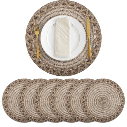 fanquare Coffee 15" Round Burlap Placemats for Dining Table, Set of 6 Jute Woven Table Mats with Braided Wave Rim, Heat Resistant Rustic Boho Chargers - color: Coffee
