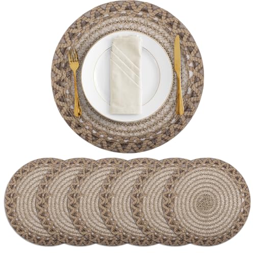 fanquare Coffee 15" Round Burlap Placemats for Dining Table, Set of 6 Jute Woven Table Mats with Braided Wave Rim, Heat Resistant Rustic Boho Chargers - color: Coffee
