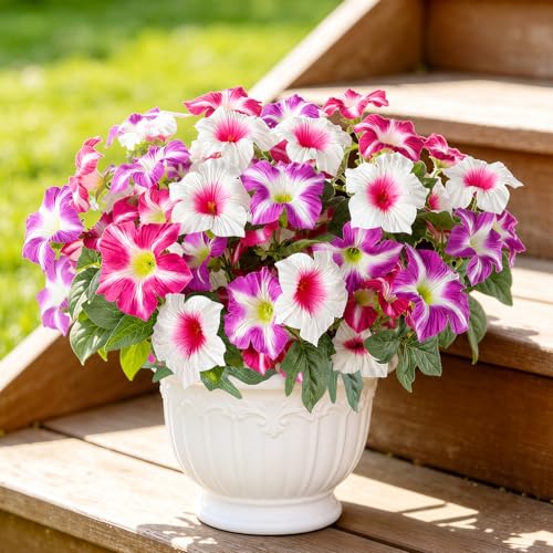 Uieke Artificial Flowers for Outdoors, 24PCS Faux Petunias Outdoor Uv Resistant Silk Flower, Spring Decorations for Home Garden Patio Porch, Fuchsia&White - color: Fuchsia & White